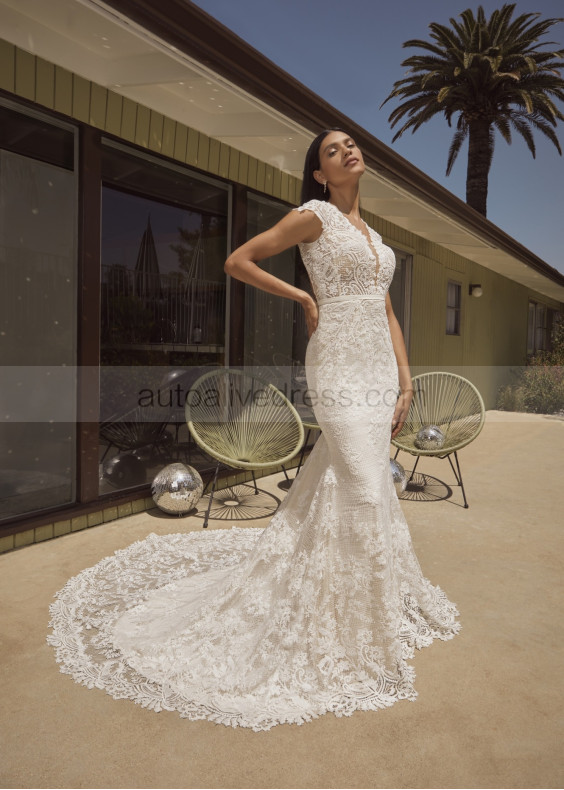 Cap Sleeves Ivory Lace Tulle Keyhole Back Modern Wedding Dress